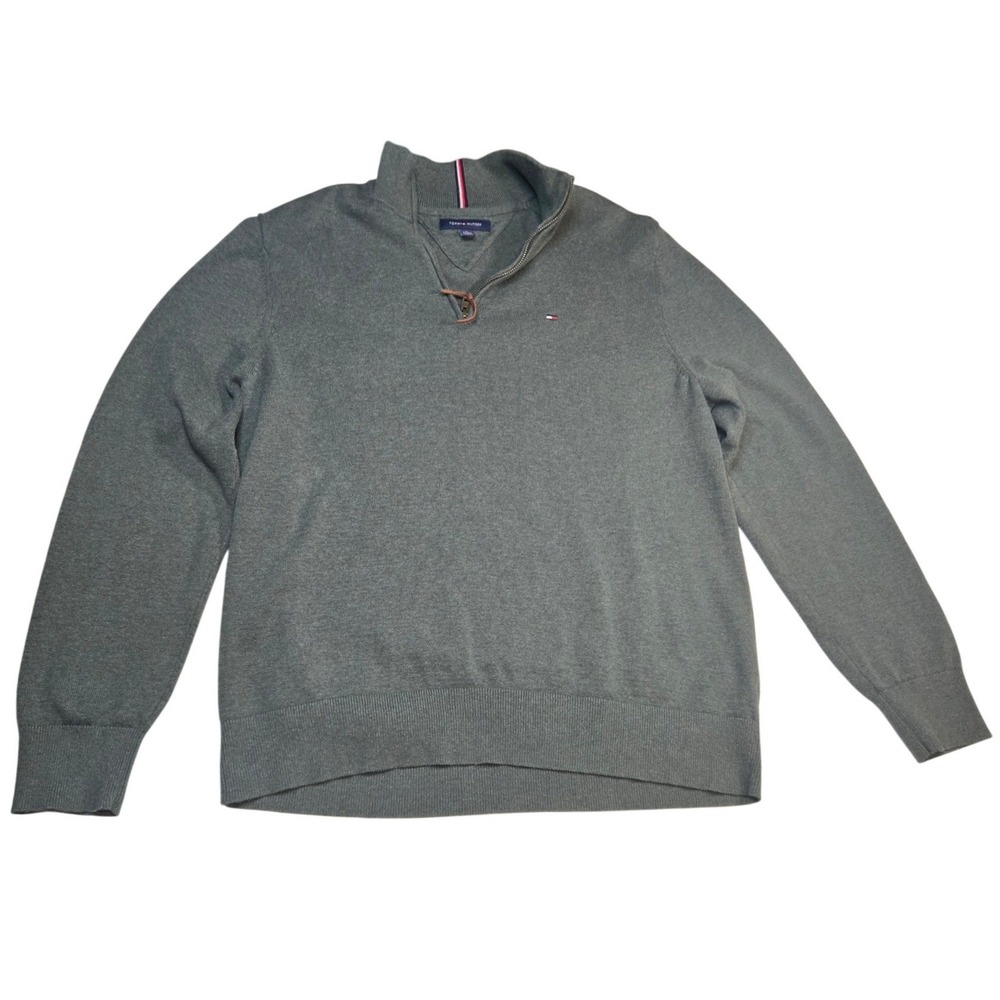 Tommy Hilfiger Mens XL Quarter Zip Sweater Heather Green Mock Neck Pullover